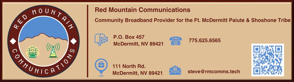 Red Mountain Communications sign: community broadband provider for the Fort McDermitt Paiute Shoshone Tribe